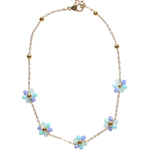 Bracelet chaîne de cheville composé d'une chaîne avec perles en acier doré et de fleurs de perles de couleur bleue. Fermoir mousqueton avec 4 cm de rallonge.