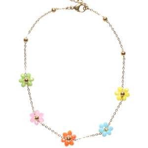 Bracelet chaîne de cheville composé d'une chaîne avec perles en acier doré et de fleurs de perles multicolores. Fermoir mousqueton avec 4 cm de rallonge.