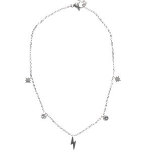 Bracelet chaîne de cheville composé d'une chaîne avec pampilles en forme de d'étoile et d'éclair en acier argenté et des pampilles serties de cristaux. Fermoir mousqueton avec 4 cm de rallonge.