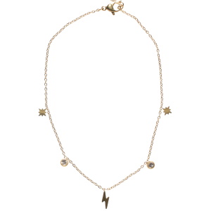Bracelet chaîne de cheville composé d'une chaîne avec pampilles en forme de d'étoile et d'éclair en acier doré et des pampilles serties de cristaux. Fermoir mousqueton avec 4 cm de rallonge.