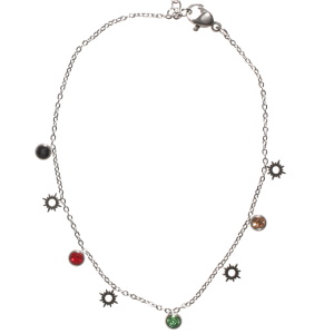 Bracelet chaîne de cheville composé d'une chaîne avec pampilles en forme de d'étoile en acier argenté et des pampilles serties de cristaux multicolores. Fermoir mousqueton avec 4 cm de rallonge.