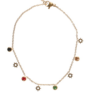 Bracelet chaîne de cheville composé d'une chaîne avec pampilles en forme de d'étoile en acier doré et des pampilles serties de cristaux multicolores. Fermoir mousqueton avec 4 cm de rallonge.