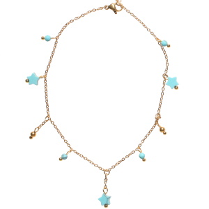 Bracelet chaîne de cheville composé d'une chaîne avec pampilles boules en acier doré et des pampilles perles et étoiles de couleur bleue turquoise. Fermoir mousqueton avec 4 cm de rallonge.