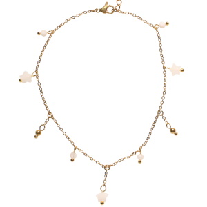 Bracelet chaîne de cheville composé d'une chaîne avec pampilles boules en acier doré et des pampilles perles et étoiles de couleur blanche. Fermoir mousqueton avec 4 cm de rallonge.