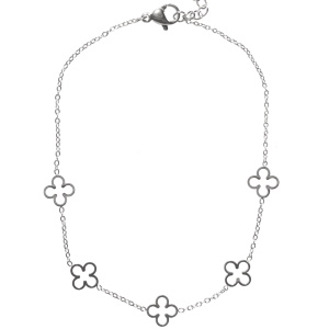 Bracelet chaîne de cheville composé d'une chaîne avec des trèfles à quatre feuilles en acier argenté. Fermoir mousqueton avec 5 cm de rallonge.