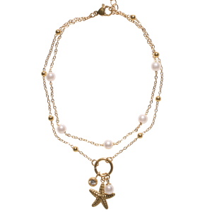 Bracelet chaîne de cheville double rangs composé d'une chaîne en acier doré avec des perles d'imitation, ainsi qu'une chaîne boules avec un pendant étoile de mer en acier doré, d'un strass serti clos et d'une perle d'imitation. Fermoir mousqueton avec 4 cm de rallonge. Appréciée l'été mais aussi toute l'année, cette chaîne de cheville va embellir vos pas et mettre en valeur vos pieds. Portée depuis l'antiquité, riche de significations, la chaîne de cheville est devenue aujourd'hui un bijou incontournable.