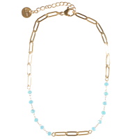 Bracelet chaîne de cheville composé d'une chaîne en acier doré et de perles de couleur turquoise. Fermoir mousqueton avec 3 cm de rallonge.