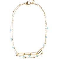 Bracelet chaîne de cheville double rangs composé d'une chaîne en acier doré avec pampilles perles bleues, ainsi qu'une chaîne en acier doré avec perles bleues. Fermoir mousqueton avec 3 cm de rallonge.