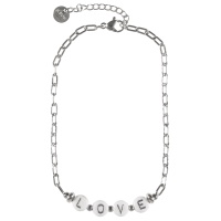 Bracelet chaîne de cheville en acier argenté avec des perles cylindriques composant le mot LOVE. Fermoir mousqueton avec 3 cm de rallonge.