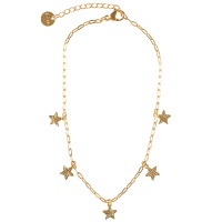 Bracelet chaîne de cheville avec pampilles étoiles en acier doré. Fermoir mousqueton avec 3 cm de rallonge.