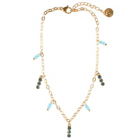 Bracelet chaîne de cheville composé d'une chaîne en acier doré, pampilles serties de 3 cristaux et des pampilles de 2 perles de couleur bleue. Fermoir mousqueton avec 3 cm de rallonge.