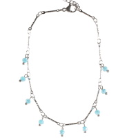 Bracelet chaîne de cheville en acier argenté avec pampilles perles bleues. Fermoir mousqueton avec 3 cm de rallonge.