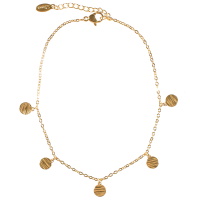 Bracelet chaîne de cheville composé d'une chaîne et de pampilles rondes martelées en acier doré. Fermoir mousqueton avec 3 cm de rallonge.