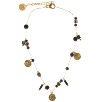 Bracelet chaîne de cheville composé d'une chaîne en acier doré, de perles de couleur noire et de pampilles rondes martelées en acier argenté. Fermoir mousqueton avec 3 cm de rallonge.