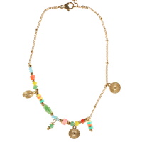 Bracelet chaîne de cheville composé d'une chaîne en acier doré, de perles multicolores et de pampilles rondes en acier doré. Fermoir mousqueton avec 3 cm de rallonge.