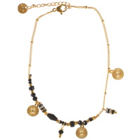 Bracelet chaîne de cheville composé d'une chaîne en acier doré, de perles de couleur noire et de pampilles rondes en acier doré. Fermoir mousqueton avec 3 cm de rallonge.