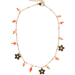 Bracelet chaîne de cheville composé d'une chaîne et de pendants en forme de fleur en acier doré et de pampilles perles de couleur orange. Fermoir mousqueton avec 3 cm de rallonge.
