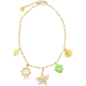 Apportez une touche de soleil et de fraîcheur à votre allure avec cette magnifique chaîne de cheville au style bohème et estival conçue en acier. Conçue pour résister à vos aventures (et aux plongeons imprévus), elle est l'accessoire indispensable pour sublimer vos jambes durant la saison chaude. Elle est ornée de cinq pampilles délicates qui capturent l'esprit des vacances. Un poisson finement gravé et une étoile de mer texturée en acier doré, accompagnés d'un soleil radieux au visage souriant. Deux perles en forme de fleurs dans des dégradés de vert tendre et vert prairie, apportant une note de vitalité et de douceur. Dotée d'un fermoir mousqueton sécurisé et d'une chaînette d'extension, permettant d'ajuster parfaitement la longueur à la morphologie de votre cheville.