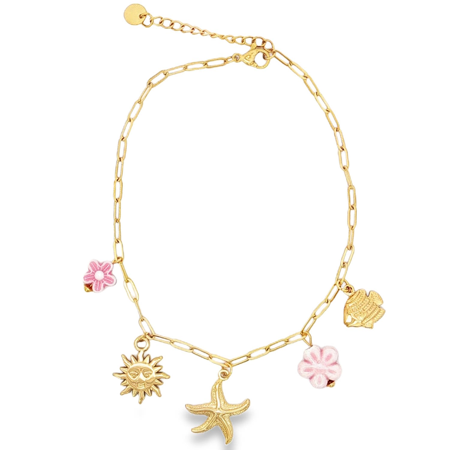 Apportez une touche de soleil et de fraîcheur à votre allure avec cette magnifique chaîne de cheville au style bohème et estival conçue en acier. Conçue pour résister à vos aventures (et aux plongeons imprévus), elle est l'accessoire indispensable pour sublimer vos jambes durant la saison chaude.<br/>Elle est ornée de cinq pampilles délicates qui capturent l'esprit des vacances.<br/>Un poisson finement gravé et une étoile de mer texturée en acier doré, accompagnés d'un soleil radieux au visage souriant.<br/>Deux fleurs en rose poudré viennent adoucir l'ensemble, offrant un contraste coloré et printanier avec l'éclat du doré.<br/>Dotée d'un fermoir mousqueton sécurisé et d'une chaînette d'extension, permettant d'ajuster parfaitement la longueur à la morphologie de votre cheville. Cheville Etoile Poisson Soleil Adolescent Adulte Animaux Eté Femme Fille Fleurs Nature Printemps Apportez une touche de soleil et de fraîcheur à votre allure avec cette magnifique chaîne de cheville au style bohème et estival conçue en acier. Conçue pour résister à vos aventures (et aux plongeons imprévus), elle est l'accessoire indispensable pour sublimer vos jambes durant la saison chaude.<br/>Elle est ornée de cinq pampilles délicates qui capturent l'esprit des vacances.<br/>Un poisson finement gravé et une étoile de mer texturée en acier doré, accompagnés d'un soleil radieux au visage souriant.<br/>Deux fleurs en rose poudré viennent adoucir l'ensemble, offrant un contraste coloré et printanier avec l'éclat du doré.<br/>Dotée d'un fermoir mousqueton sécurisé et d'une chaînette d'extension, permettant d'ajuster parfaitement la longueur à la morphologie de votre cheville. Cheville Etoile Poisson Soleil Adolescent Adulte Animaux Eté Femme Fille Fleurs Nature Printemps