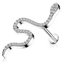 Piercing en forme de serpent pour labret, monroe, cartilage and autre en acier argenté pavé d'oxydes de zirconium blancs.