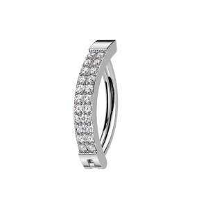 Piercing pour nombril en acier chirurgical 316L argenté pavé d'oxydes de zirconium blancs.