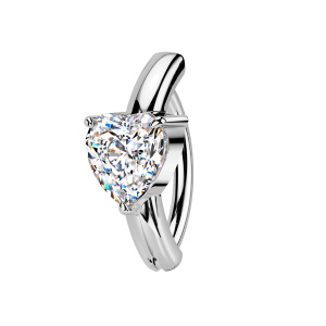 Piercing pour nombril en acier chirurgical 316L argenté serti 3 griffes d'un oxyde de zirconium blanc.