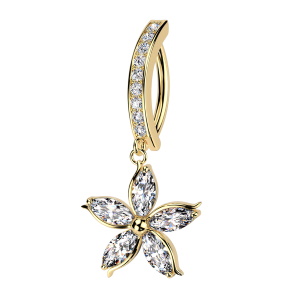 Piercing pour nombril en acier chirurgical 316L doré pavé d'oxydes de zirconium blancs avec un pendant en forme de fleur serti d'oxydes de zirconium blancs.