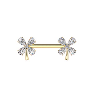 Piercing pour téton en acier chirurgical 316L doré avec deux trèfles à quatre feuilles sertis d'oxydes de zirconium blancs. 