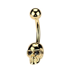 Piercing pour nombril en forme de tête de mort en acier chirurgical 316L doré serti de cristaux noirs.