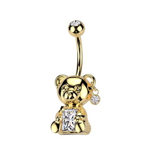 Piercing pour nombril en acier chirurgical 316L doré serti d'un oxyde de zirconium blanc avec un pendant en forme de nounours serti d'un oxyde de zirconium blanc.