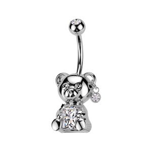 Piercing pour nombril en acier chirurgical 316L argenté serti d'un oxyde de zirconium blanc avec un pendant en forme de nounours serti d'un oxyde de zirconium blanc.