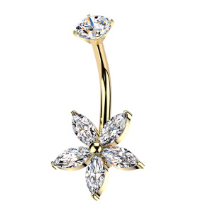 Piercing pour nombril en acier chirurgical 316L doré serti griffes d'un oxyde de zirconium blanc avec une fleur sertie d'oxydes de zirconium blancs.