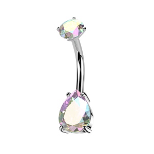 Piercing pour nombril en acier chirurgical 316L argenté serti griffes d'un oxyde de zirconium aurore boréale et serti griffes d'un oxyde de zirconium aurore boréale en forme de goutte.