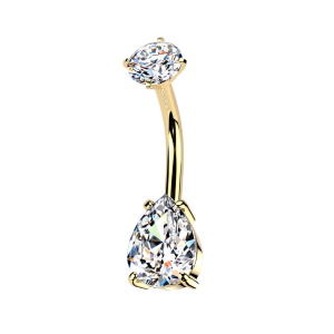 Piercing pour nombril en acier chirurgical 316L doré serti griffes d'un oxyde de zirconium blanc et serti griffes d'un oxyde de zirconium blanc en forme de goutte.
