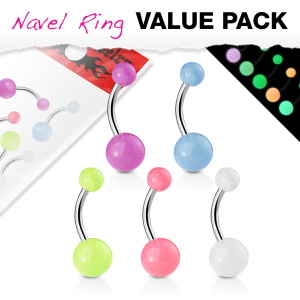 Lot de 5 piercing pour nombril en acier chirurgical 316L argenté avec boules de couleur brillant dans le noir.
