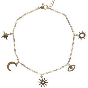 Bracelet chaîne de cheville composé d'une chaîne avec des pendants en forme d'étoile, de croissant de lune, de soleils et d'œil de Turquie en acier doré. Fermoir mousqueton avec 5 cm de rallonge. Appréciée l'été mais aussi toute l'année, cette chaîne de cheville va embellir vos pas et mettre en valeur vos pieds. Portée depuis l'antiquité, riche de significations, la chaîne de cheville est devenue aujourd'hui un bijou incontournable.