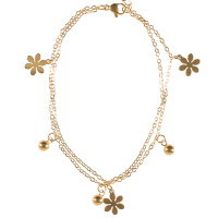 Bracelet chaîne de cheville double rangs composé d'une chaîne avec pampilles boules en acier doré et d'une chaîne avec pampilles en forme de fleur en acier doré. Fermoir mousqueton avec 5 cm de rallonge.