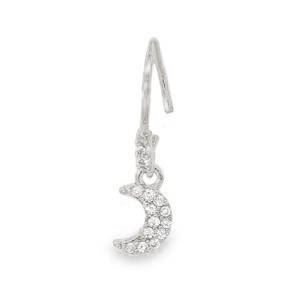 Piercing en acier chirurgical argenté pavé de strass avec un pendant en forme de croissant de lune serti de strass.