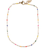 Bracelet chaîne de cheville composé d'une chaîne en acier doré et de perles en émail multicolore. Fermoir mousqueton avec 7 cm de rallonge.