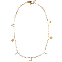 Bracelet chaîne de cheville composé d'une chaîne avec pampilles en forme de croissant de lune, d'étoile et d'éclair en acier doré. Fermoir mousqueton avec 5 cm de rallonge.