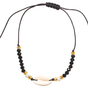 Bracelet chaîne de cheville composé d'un cordon en coton de couleur noir, de perles doré, de perles de couleur noire, de deux perles blanches et d'un coquillage cauri.