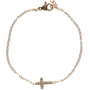 Bracelet composé d'une chaîne en acier doré et d'une croix sertie de strass. Fermoir mousqueton avec 3 cm de rallonge.