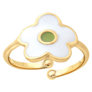 Bague pour enfant surmontée d'une fleur en plaqué or jaune 18 carats pavée d'émail blanc et jaune. Taille 43 ajustable.