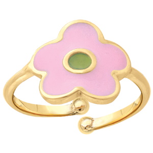 Bague pour enfant surmontée d'une fleur en plaqué or jaune 18 carats pavée d'émail rose et jaune. Taille 43 ajustable.