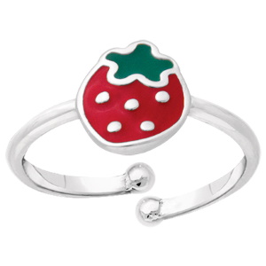 Bague pour enfant en argent 925/000 rhodié d'une fraise pavée d'émail rouge et vert. Taille 43 ajustable.