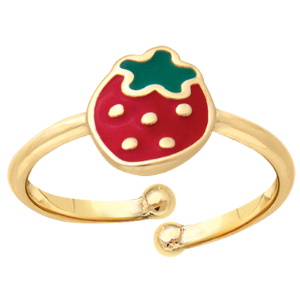 Bague pour enfant surmontée d'une fraise en plaqué or jaune 18 carats pavée d'émail rouge et vert. Taille 43 ajustable.