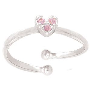Bague pour enfant en argent 925 rhodié surmontée d'un cœur serti d'oxydes de zirconium roses.br/>Taille 43 ajustable.