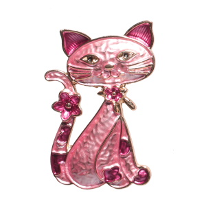 Broche aimantée en forme de chat en métal doré pavée d'émail de couleur rose