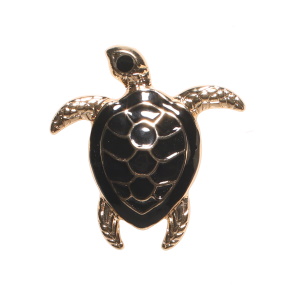 Broche aimantée en forme de tortue de mer en métal doré pavée d'email de couleur noir.