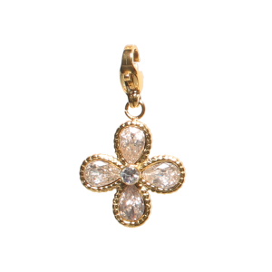 Pendentif breloque charm's pour bracelet et collier en forme de fleur en acier doré sertie de strass. Accroche avec fermoir mousqueton.